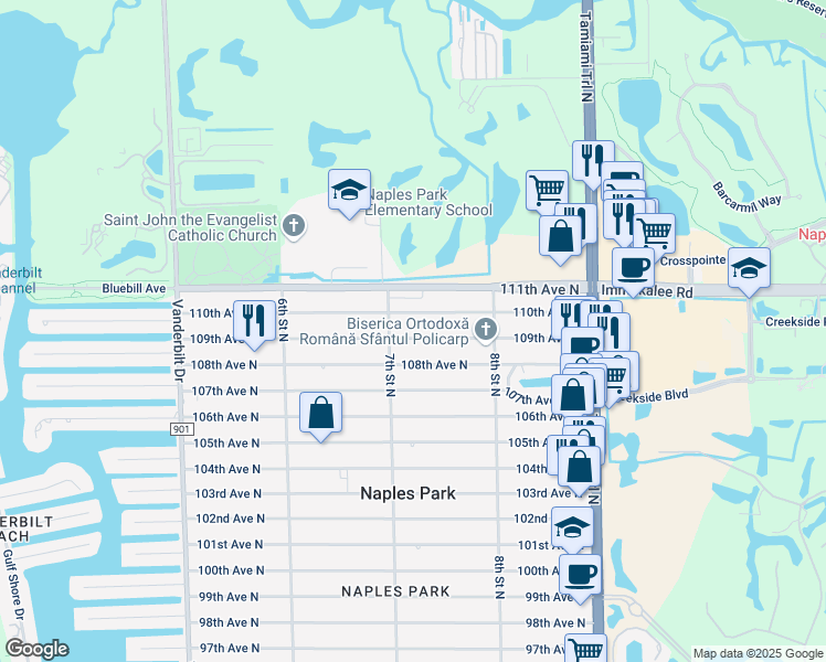 map of restaurants, bars, coffee shops, grocery stores, and more near 721 109th Avenue North in Naples