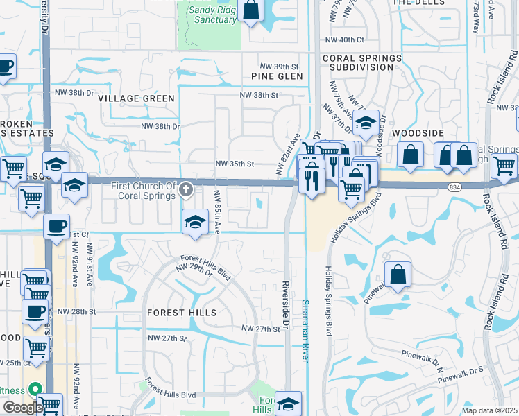 map of restaurants, bars, coffee shops, grocery stores, and more near 3280 Coral Lake Lane in Coral Springs
