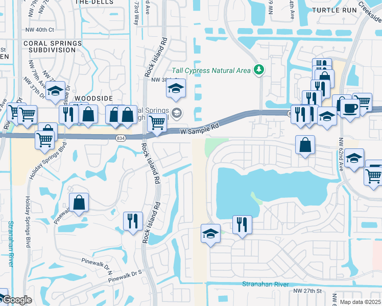 map of restaurants, bars, coffee shops, grocery stores, and more near 6797 Northwest 32nd Court in Margate