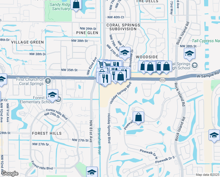 map of restaurants, bars, coffee shops, grocery stores, and more near 7962 West Sample Road in Margate