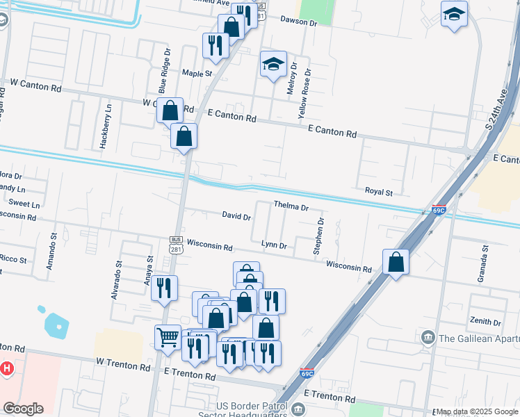 map of restaurants, bars, coffee shops, grocery stores, and more near 3103 Stuart Drive in Edinburg