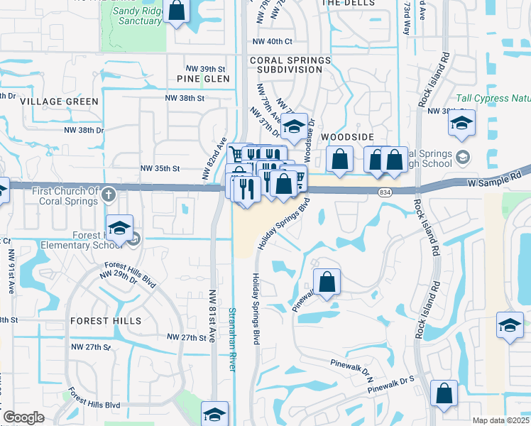 map of restaurants, bars, coffee shops, grocery stores, and more near 7962 West Sample Road in Margate