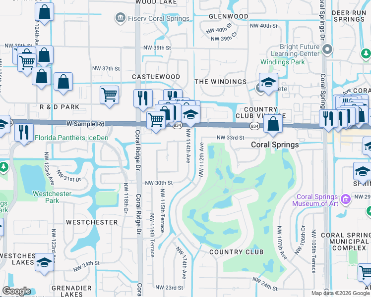 map of restaurants, bars, coffee shops, grocery stores, and more near 3240 Northwest 114th Avenue in Coral Springs
