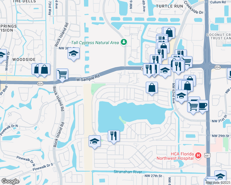 map of restaurants, bars, coffee shops, grocery stores, and more near 3394 Treasure Lane in Margate