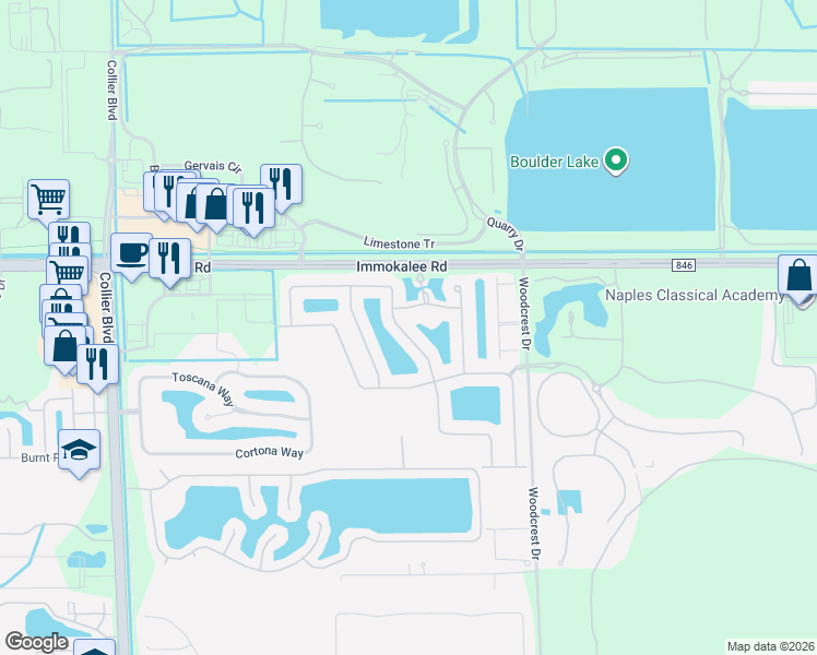 map of restaurants, bars, coffee shops, grocery stores, and more near 9278 Woodhurst Drive in Naples