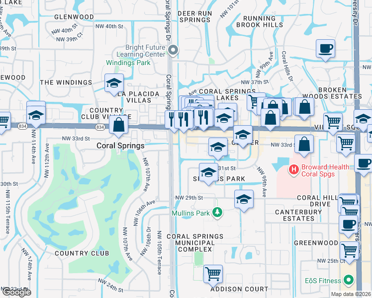 map of restaurants, bars, coffee shops, grocery stores, and more near 3279 Northwest 104th Avenue in Coral Springs