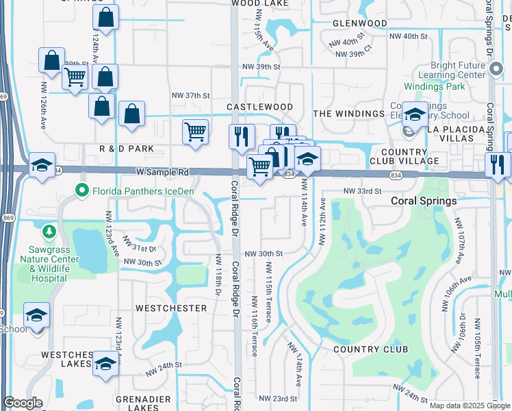 map of restaurants, bars, coffee shops, grocery stores, and more near 11525 Northwest 32nd Court in Coral Springs