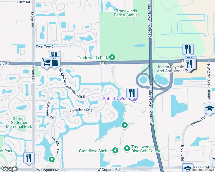 map of restaurants, bars, coffee shops, grocery stores, and more near 2539 Carambola Circle North in Coconut Creek