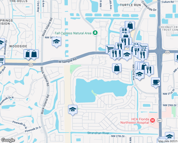 map of restaurants, bars, coffee shops, grocery stores, and more near 3394 Treasure Lane in Margate