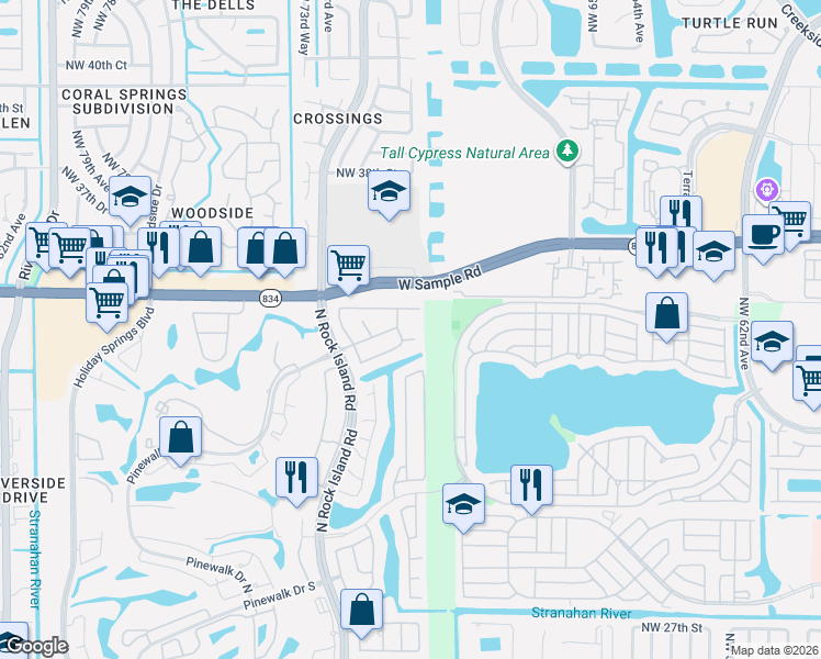 map of restaurants, bars, coffee shops, grocery stores, and more near 3286 Northwest 68th Avenue in Margate