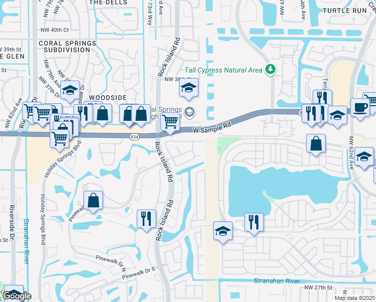 map of restaurants, bars, coffee shops, grocery stores, and more near 3286 Northwest 68th Avenue in Margate