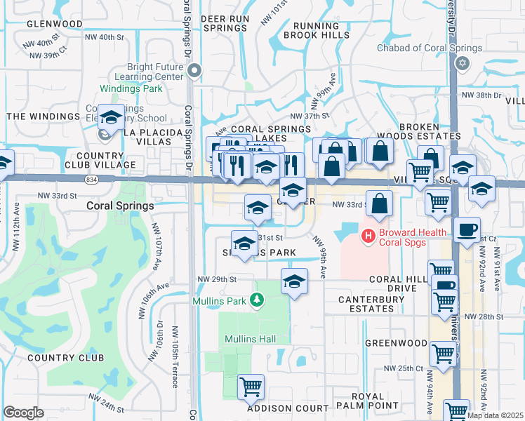 map of restaurants, bars, coffee shops, grocery stores, and more near 10192 Northwest 33rd Street in Coral Springs