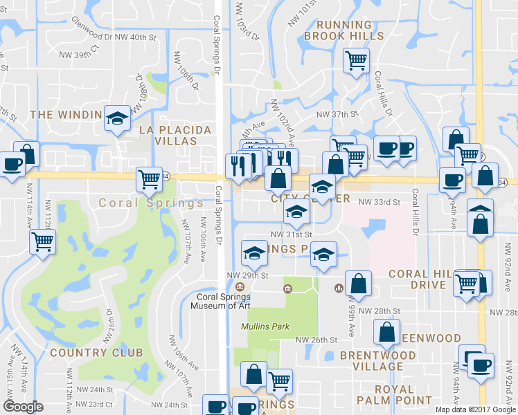map of restaurants, bars, coffee shops, grocery stores, and more near 10254 Northwest 33rd Street in Coral Springs