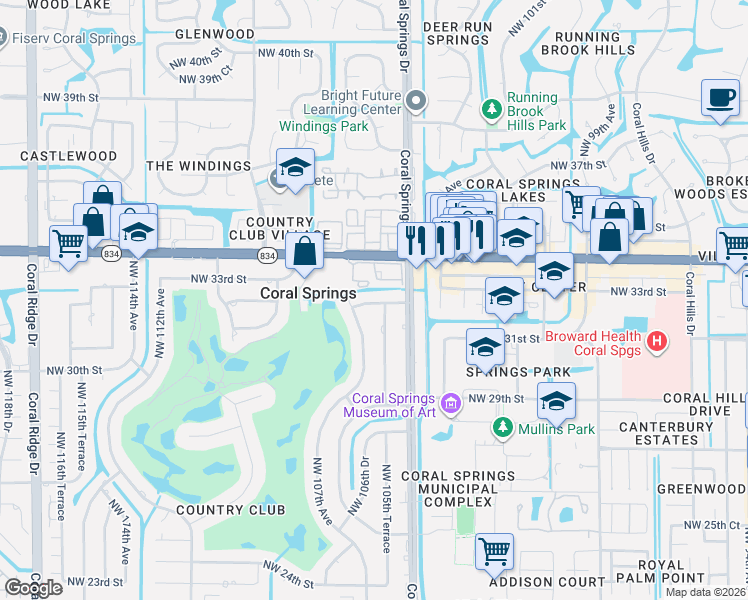 map of restaurants, bars, coffee shops, grocery stores, and more near 10653 Northwest 32nd Court in Coral Springs