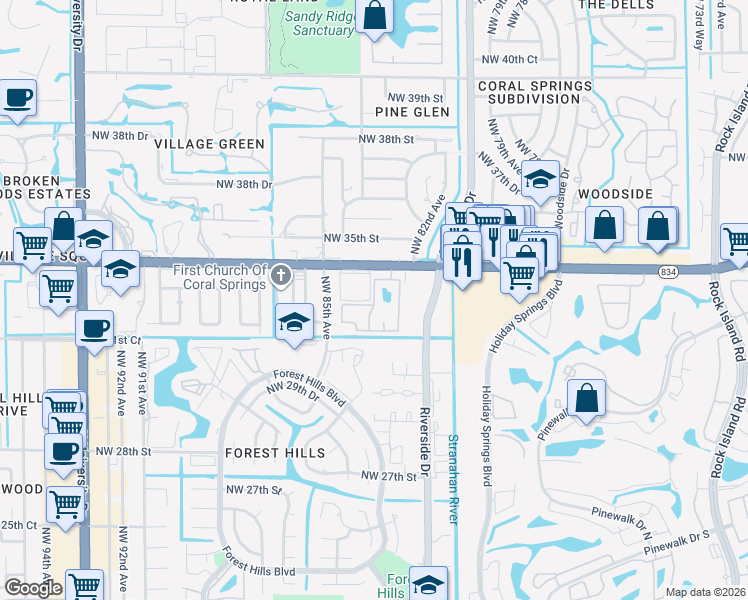 map of restaurants, bars, coffee shops, grocery stores, and more near 8404 West Sample Road in Coral Springs