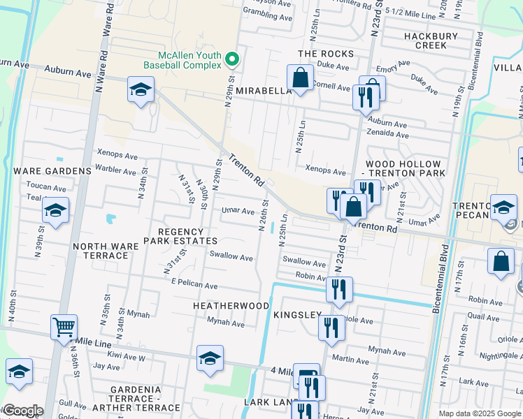 map of restaurants, bars, coffee shops, grocery stores, and more near 2600 Umar Avenue in McAllen
