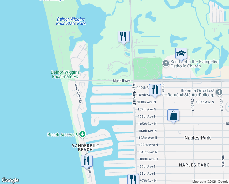 map of restaurants, bars, coffee shops, grocery stores, and more near 332 Flamingo Avenue in Naples