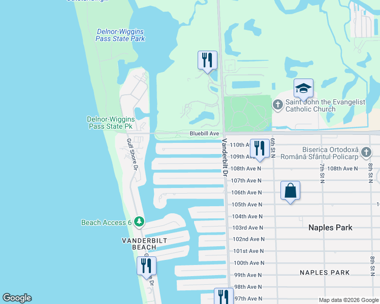 map of restaurants, bars, coffee shops, grocery stores, and more near 332 Flamingo Avenue in Naples