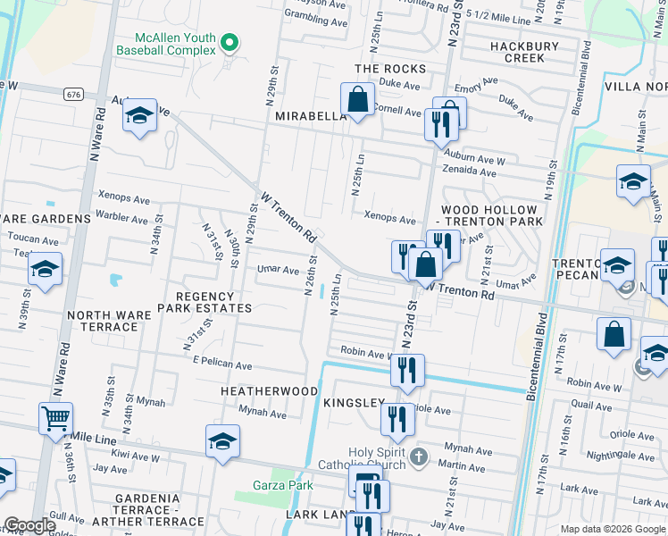 map of restaurants, bars, coffee shops, grocery stores, and more near 7313 25th lane in McAllen