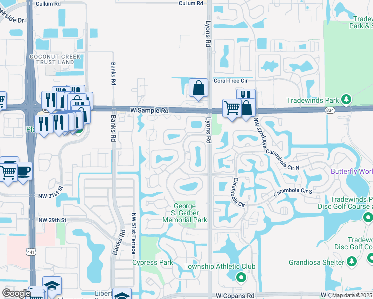 map of restaurants, bars, coffee shops, grocery stores, and more near 3502 Cocoplum Circle in Margate