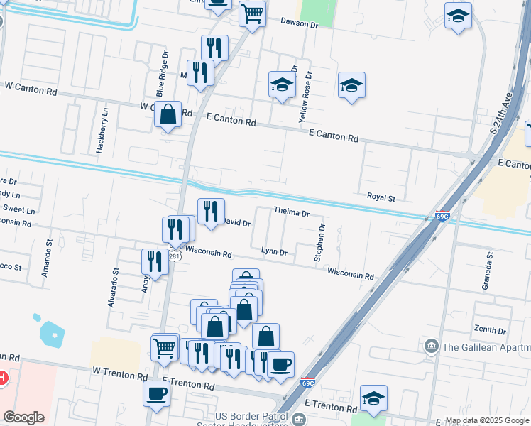 map of restaurants, bars, coffee shops, grocery stores, and more near 3103 Stuart Drive in Edinburg