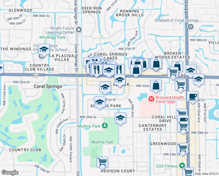 map of restaurants, bars, coffee shops, grocery stores, and more near 10100 Northwest 33rd Street in Coral Springs