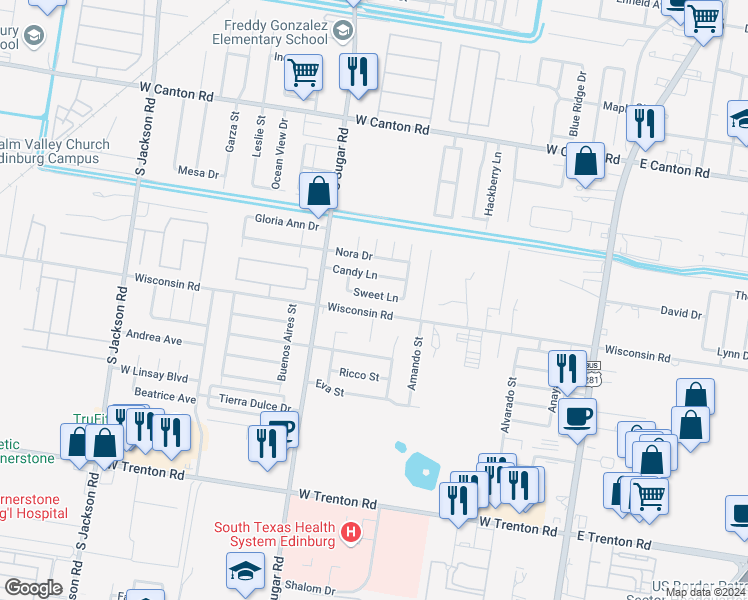 map of restaurants, bars, coffee shops, grocery stores, and more near 1338 Sweet Lane in Edinburg