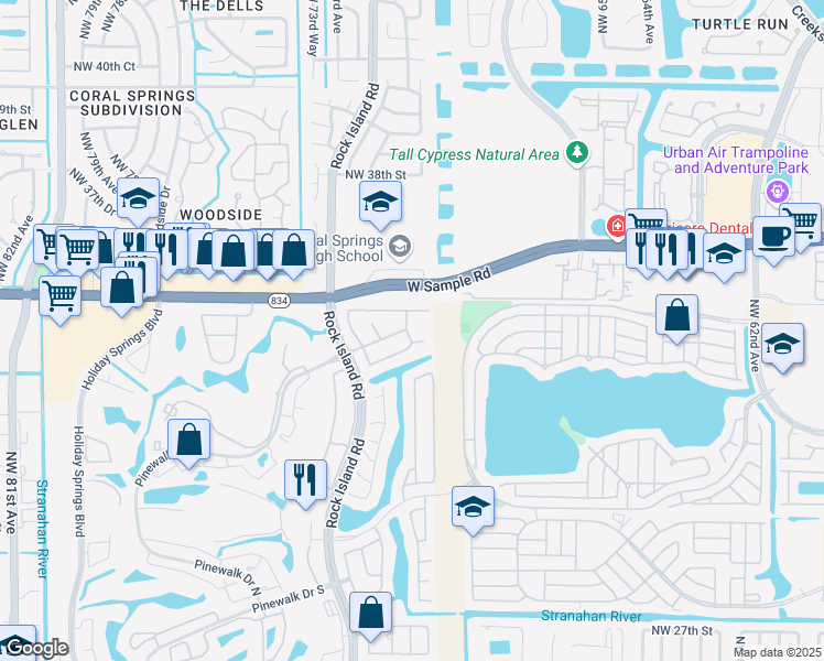 map of restaurants, bars, coffee shops, grocery stores, and more near 3286 Northwest 68th Avenue in Margate