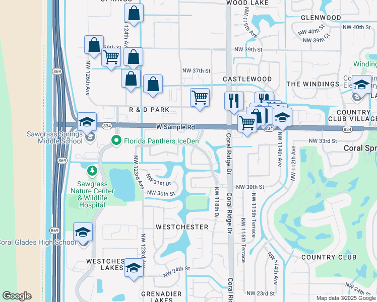map of restaurants, bars, coffee shops, grocery stores, and more near 3246 Northwest 118th Lane in Coral Springs