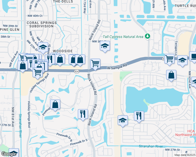 map of restaurants, bars, coffee shops, grocery stores, and more near 3363 Northwest 69th Avenue in Margate