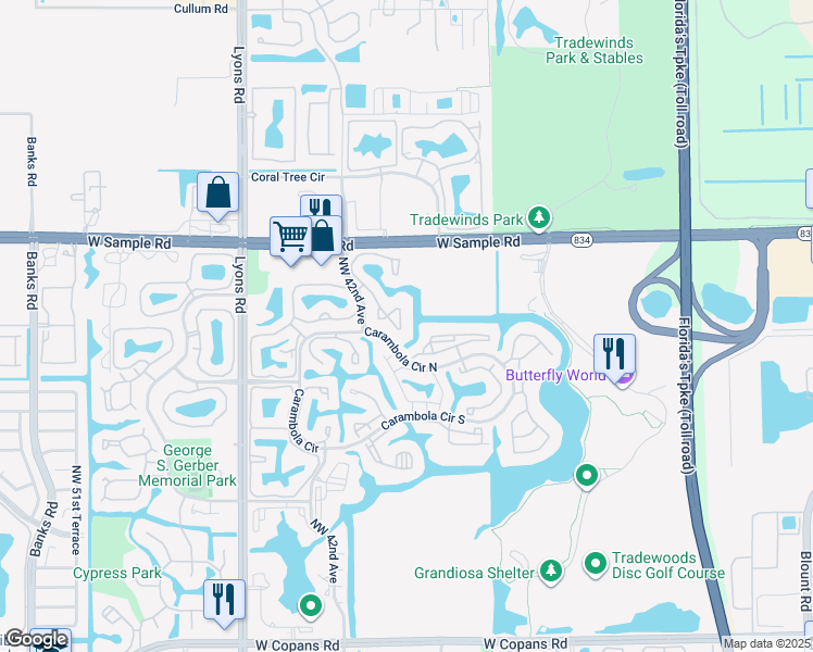 map of restaurants, bars, coffee shops, grocery stores, and more near 3645 Northwest 35th Street in Coconut Creek