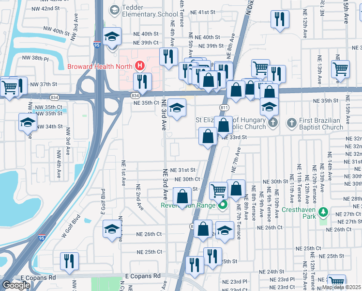 map of restaurants, bars, coffee shops, grocery stores, and more near 3280 Northeast 4th Avenue in Pompano Beach