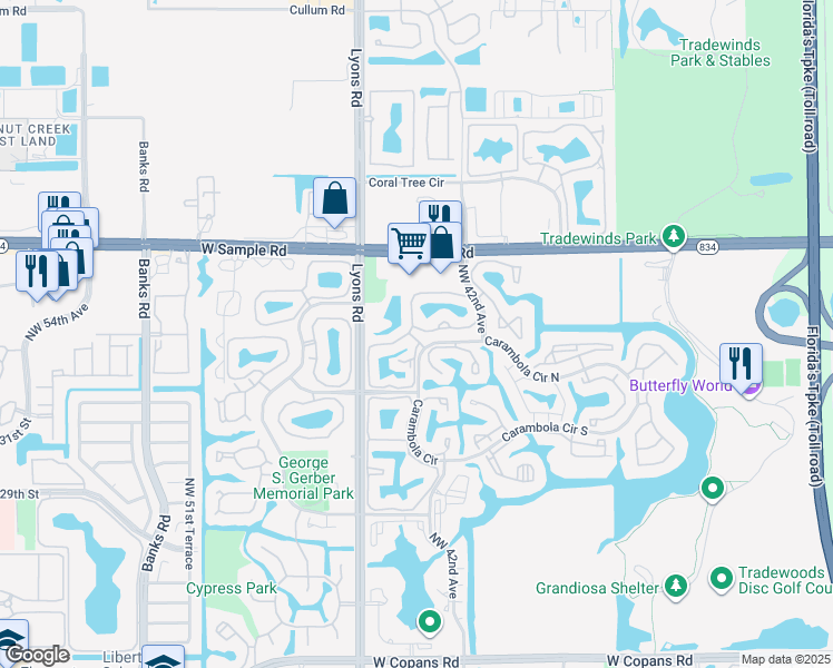 map of restaurants, bars, coffee shops, grocery stores, and more near 3599 Carambola Circle North in Coconut Creek