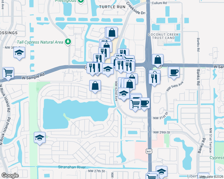 map of restaurants, bars, coffee shops, grocery stores, and more near 3436 Orinoco Lane in Margate
