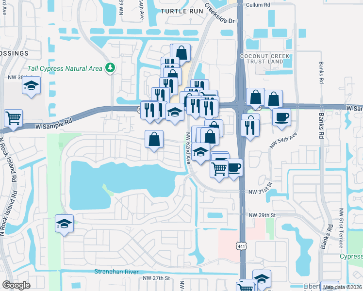 map of restaurants, bars, coffee shops, grocery stores, and more near 3436 Orinoco Lane in Margate