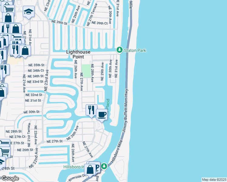 map of restaurants, bars, coffee shops, grocery stores, and more near 3217 Northeast 31st Avenue in Lighthouse Point