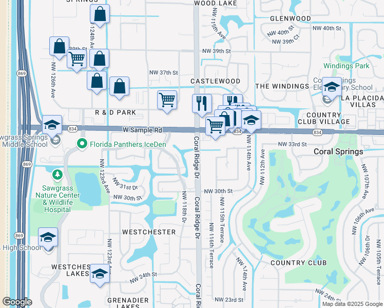 map of restaurants, bars, coffee shops, grocery stores, and more near 3262 Coral Ridge Drive in Coral Springs