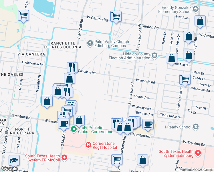 map of restaurants, bars, coffee shops, grocery stores, and more near 3621 Danubio Drive in Edinburg