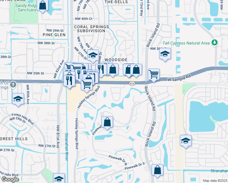 map of restaurants, bars, coffee shops, grocery stores, and more near 7651 Normande Court in Margate