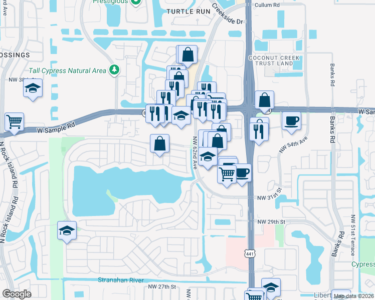 map of restaurants, bars, coffee shops, grocery stores, and more near 3436 Orinoco Lane in Margate