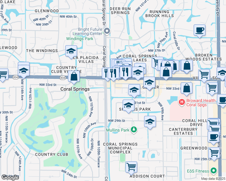 map of restaurants, bars, coffee shops, grocery stores, and more near 3279 Northwest 104th Avenue in Coral Springs