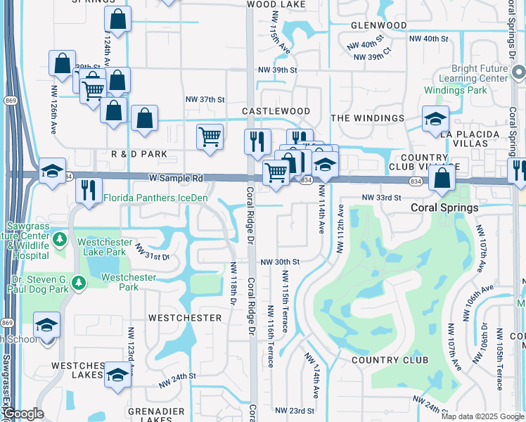 map of restaurants, bars, coffee shops, grocery stores, and more near 11525 Northwest 32nd Court in Coral Springs