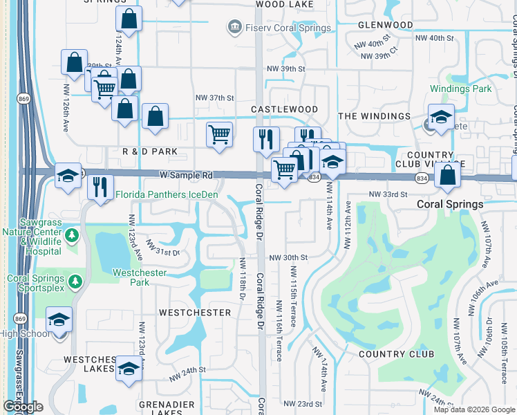 map of restaurants, bars, coffee shops, grocery stores, and more near 3262 Coral Ridge Drive in Coral Springs