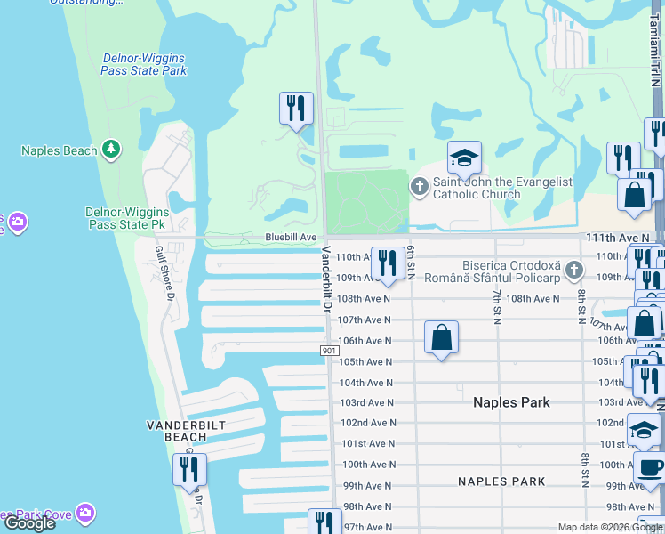 map of restaurants, bars, coffee shops, grocery stores, and more near 10940 Vanderbilt Drive in Naples