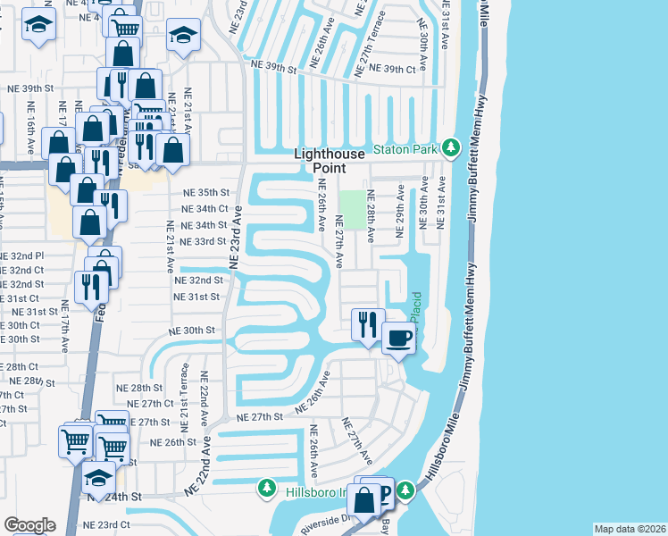 map of restaurants, bars, coffee shops, grocery stores, and more near 3216 Northeast 27th Avenue in Lighthouse Point