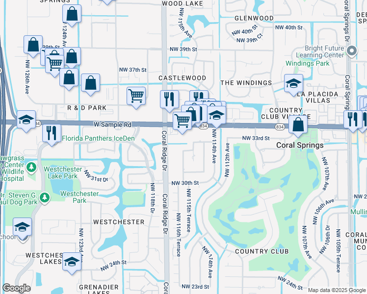 map of restaurants, bars, coffee shops, grocery stores, and more near 11525 Northwest 32nd Court in Coral Springs