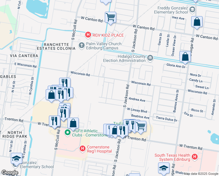 map of restaurants, bars, coffee shops, grocery stores, and more near 3614 Tigris in Edinburg