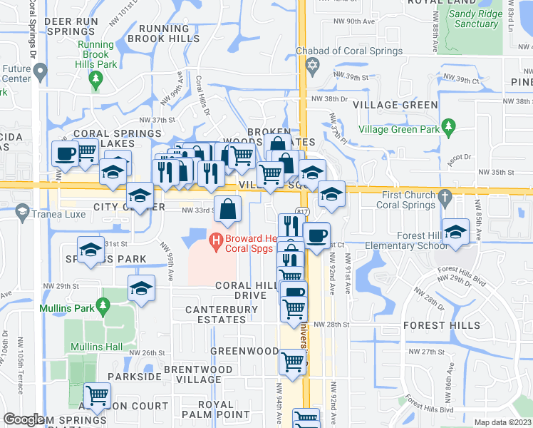 map of restaurants, bars, coffee shops, grocery stores, and more near 3350 Northwest 94th Avenue in Coral Springs
