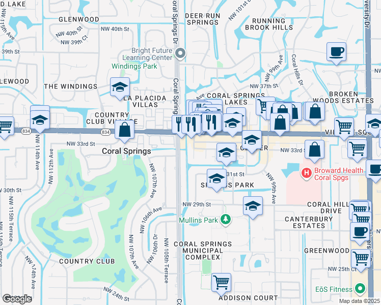 map of restaurants, bars, coffee shops, grocery stores, and more near 3279 Northwest 104th Avenue in Coral Springs