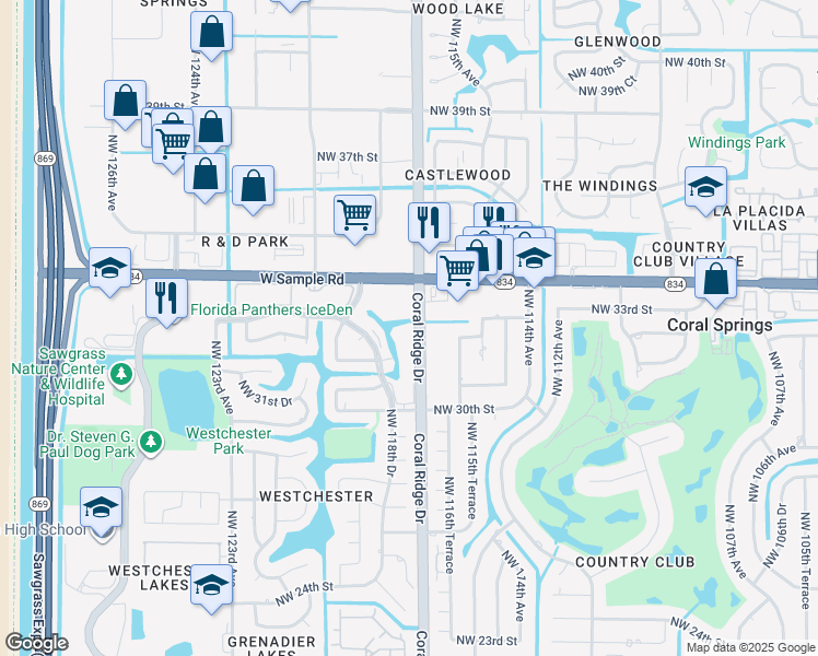 map of restaurants, bars, coffee shops, grocery stores, and more near 3262 Coral Ridge Drive in Coral Springs